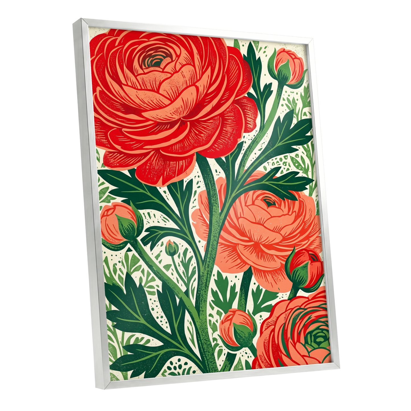 Crimson Garden Rise, red, green, beige floral wall art shown as a silver framed poster wall art print