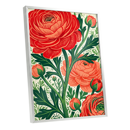 Crimson Garden Rise, red, green, beige floral wall art shown as a silver framed poster wall art print