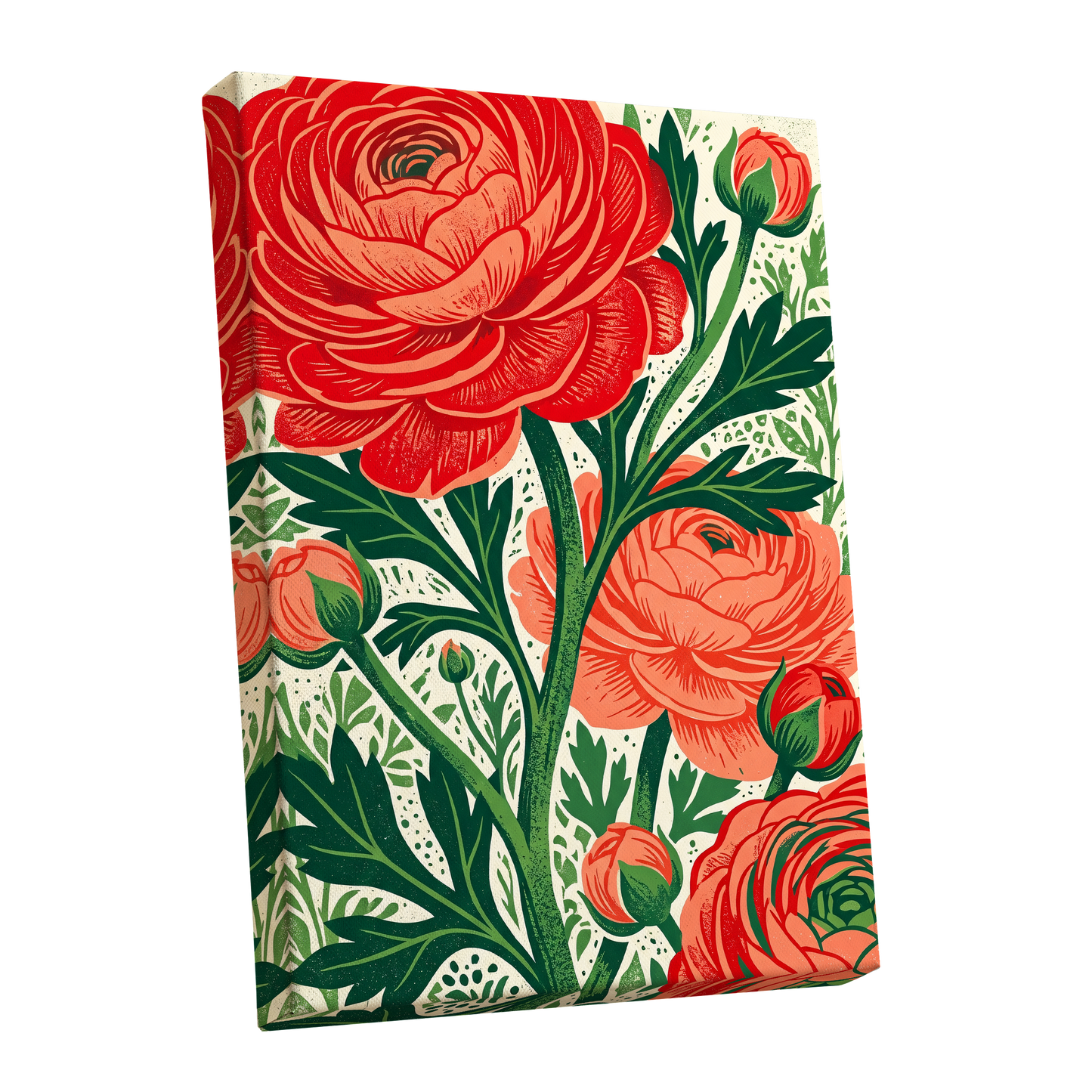 Crimson Garden Rise, red, green, beige floral wall art shown as a stretched canvas wall art
