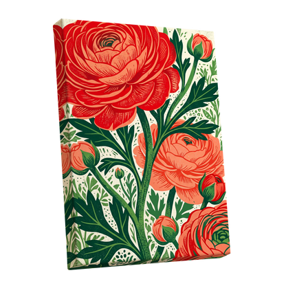 Crimson Garden Rise, red, green, beige floral wall art shown as a stretched canvas wall art