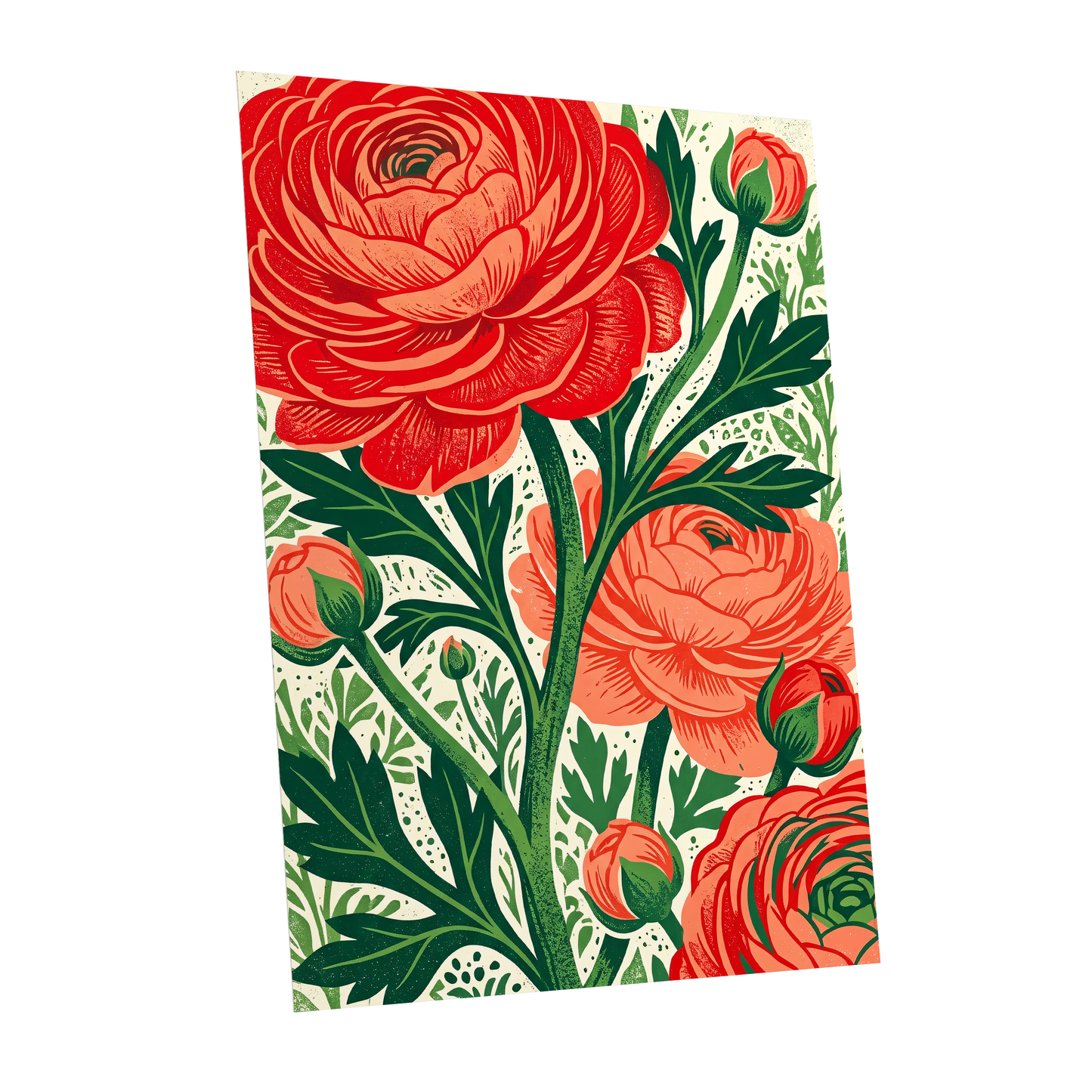 Crimson Garden Rise, red, green, beige floral wall art shown as a unframed poster wall art print