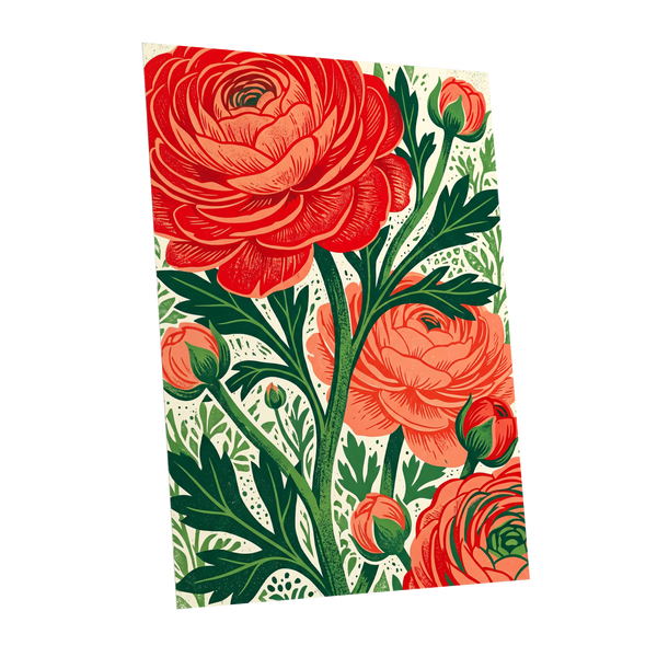 Crimson Garden Rise, red, green, beige floral wall art shown as a unframed poster wall art print