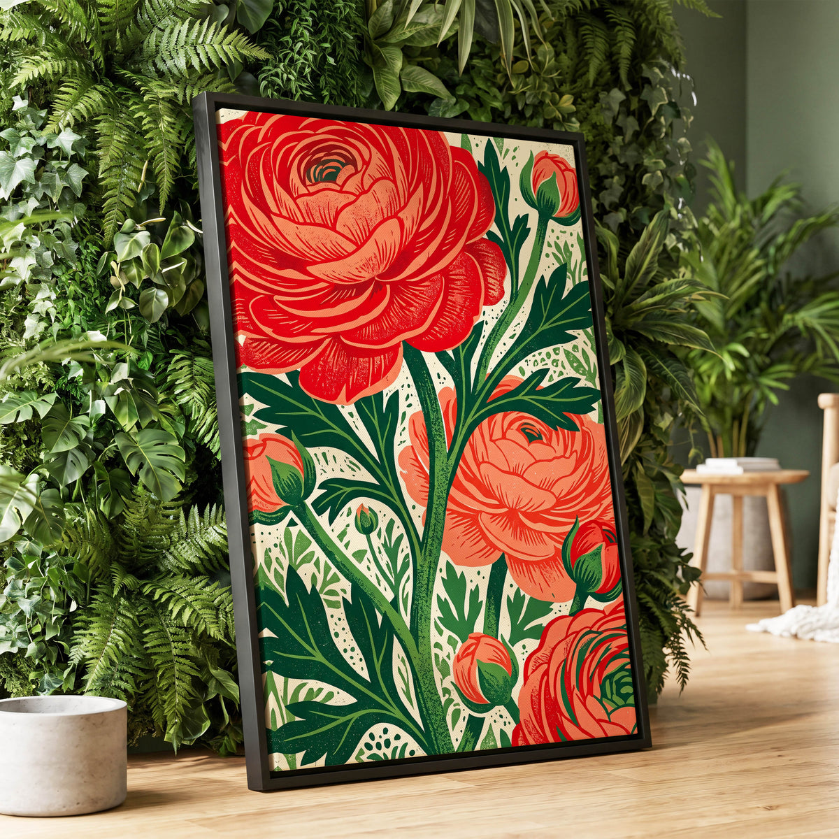 Crimson Garden Rise, red, green, beige floral wall art displayed in a styled interior, gallery view 1