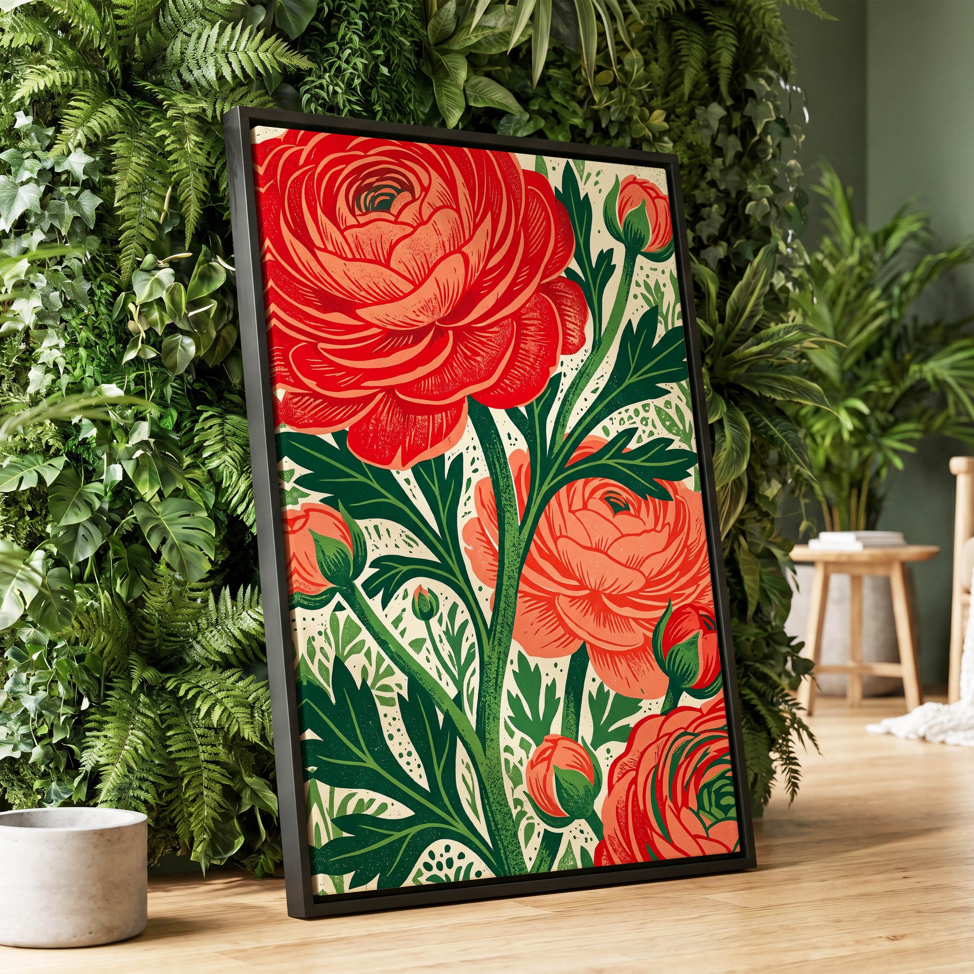 Crimson Garden Rise, red, green, beige floral wall art displayed in a styled interior, gallery view 1