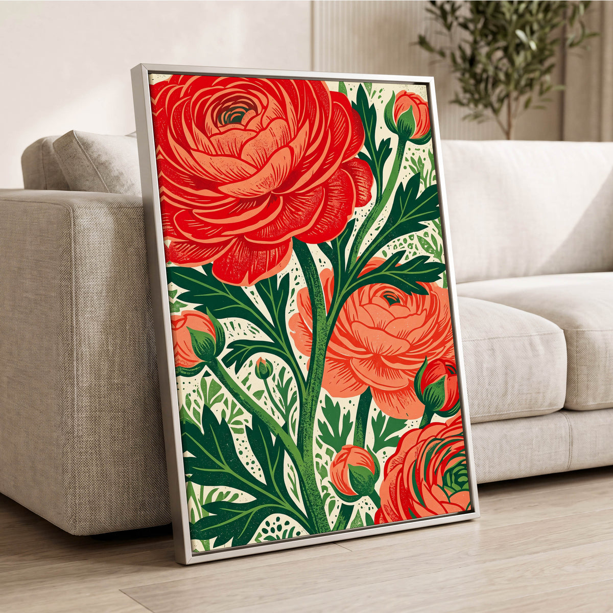 Crimson Garden Rise, red, green, beige floral wall art displayed in a styled interior, gallery view 2