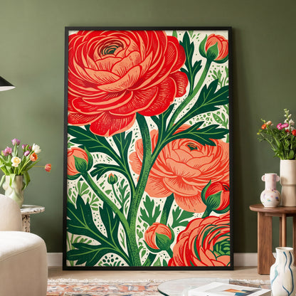 Crimson Garden Rise, red, green, beige floral wall art displayed in a styled interior, gallery view 4