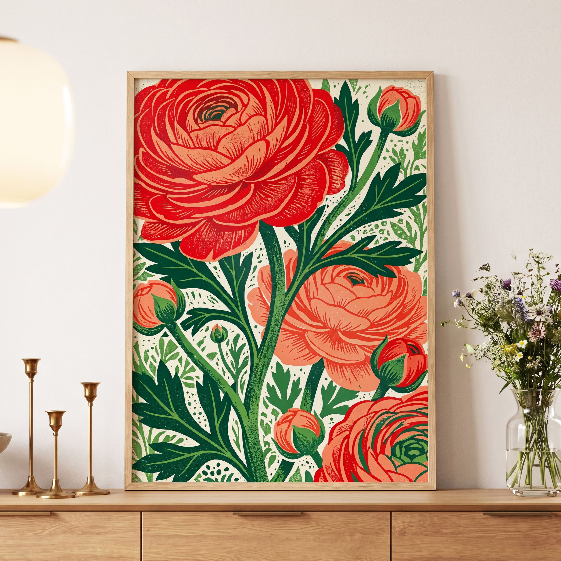 Crimson Garden Rise, red, green, beige floral wall art displayed in a styled interior, gallery view 5
