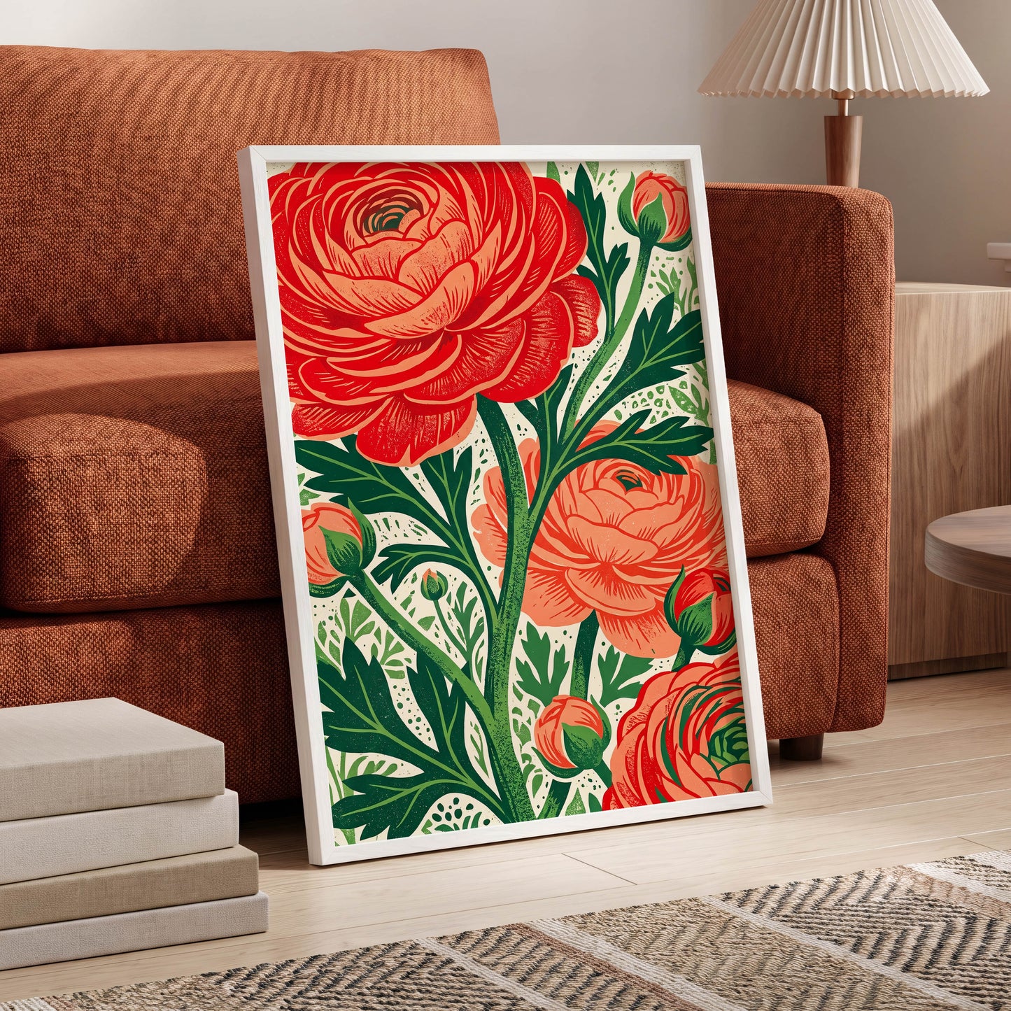 Crimson Garden Rise, red, green, beige floral wall art displayed in a styled interior, gallery view 6