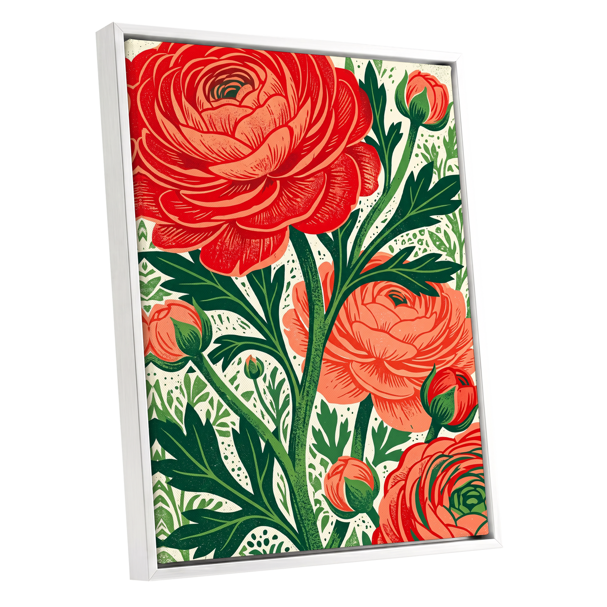 Crimson Garden Rise, red, green, beige floral wall art shown as a white framed canvas wall art