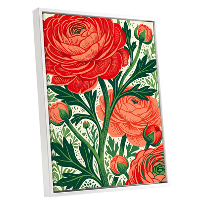Crimson Garden Rise, red, green, beige floral wall art shown as a white framed canvas wall art