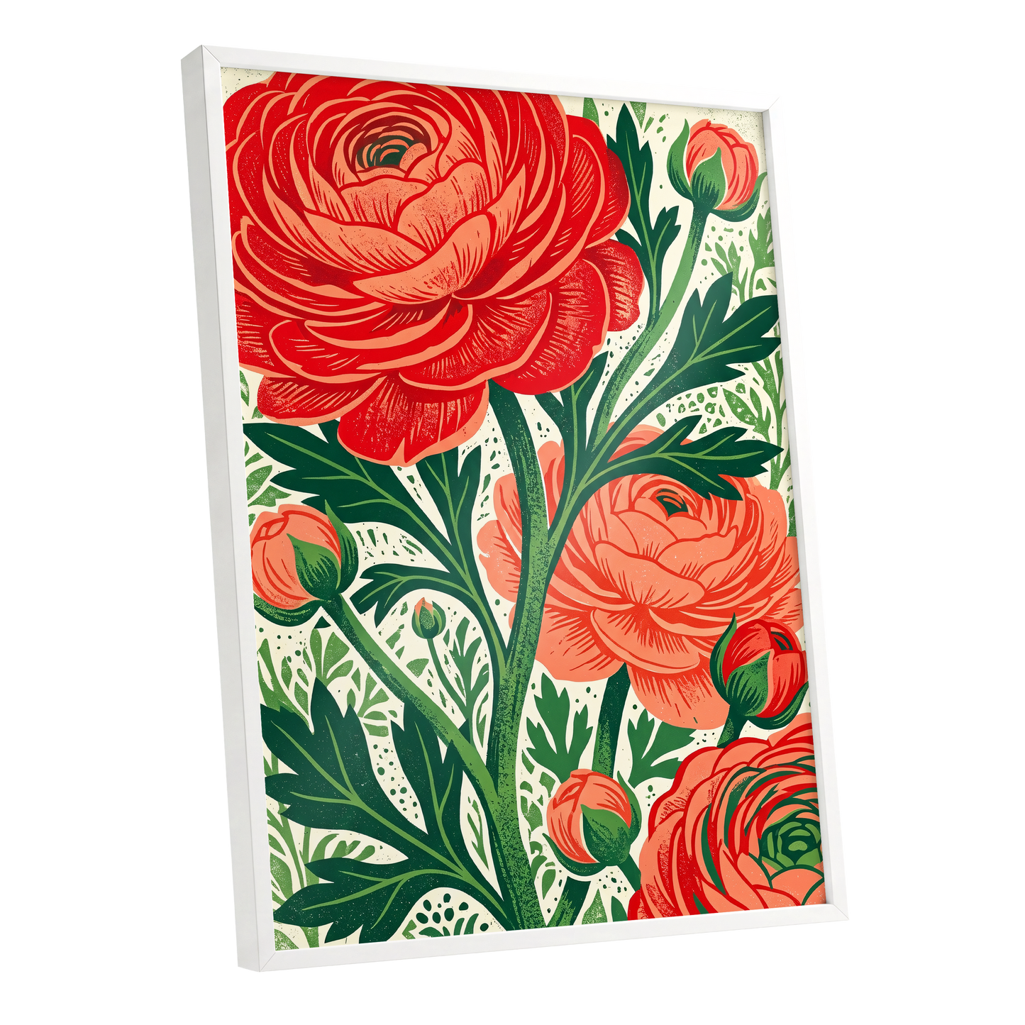 Crimson Garden Rise, red, green, beige floral wall art shown as a white framed poster wall art print