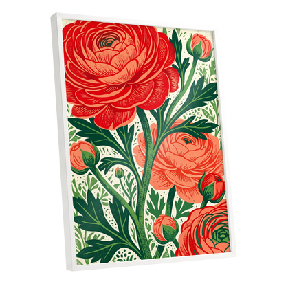 Crimson Garden Rise, red, green, beige floral wall art shown as a white framed poster wall art print