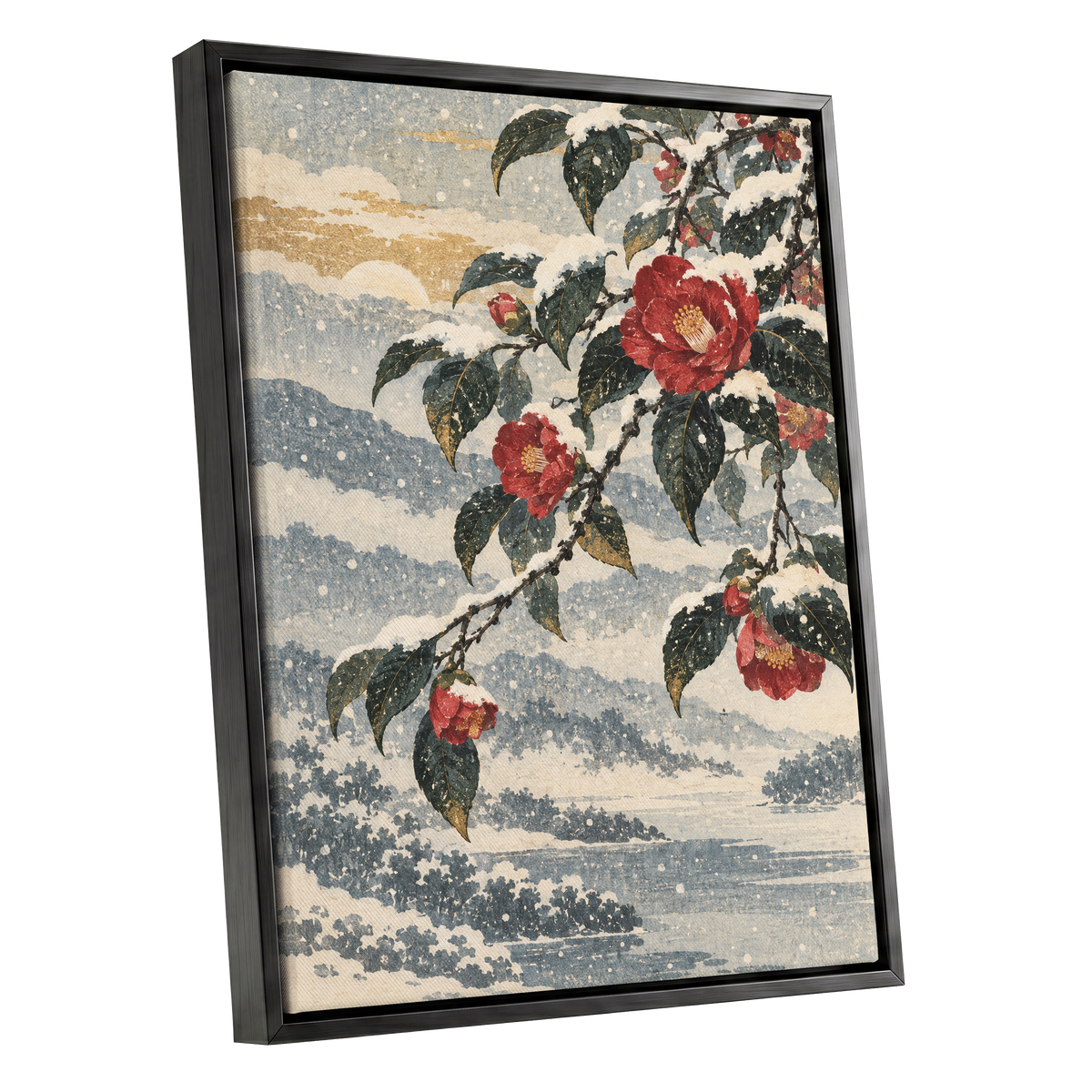 Crimson in the Snow, red, green, blue floral wall art shown as a black framed canvas wall art
