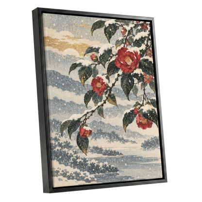 Crimson in the Snow, red, green, blue floral wall art shown as a black framed canvas wall art