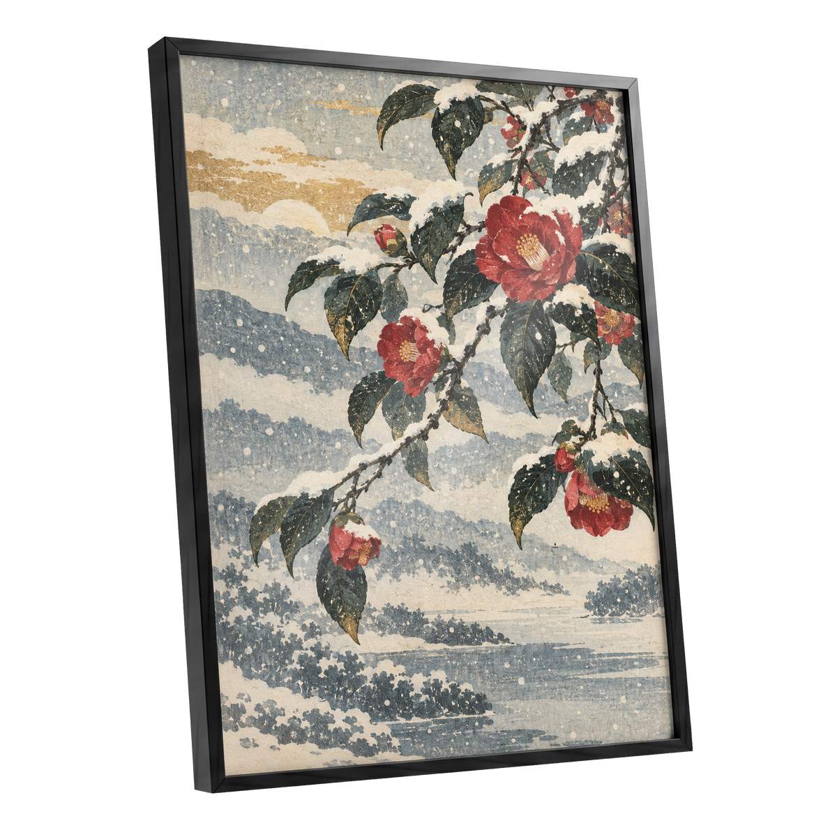 Crimson in the Snow, red, green, blue floral wall art shown as a black framed poster wall art print