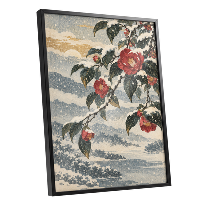 Crimson in the Snow, red, green, blue floral wall art shown as a black framed poster wall art print