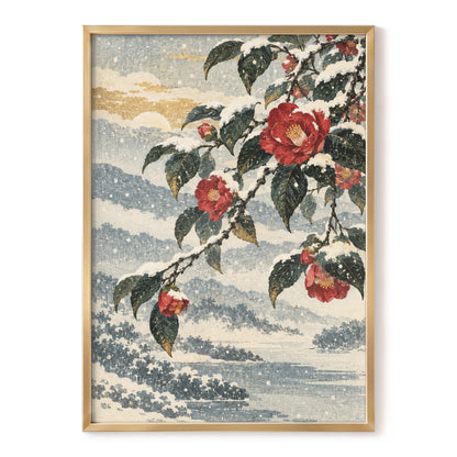 Crimson in the Snow, red, green, blue floral wall art, front artwork view