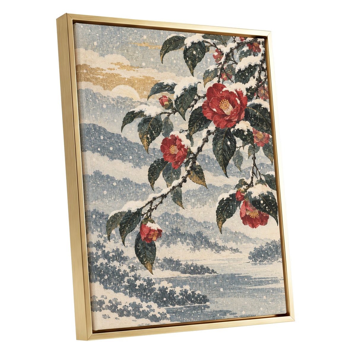 Crimson in the Snow, red, green, blue floral wall art shown as a gold framed canvas wall art