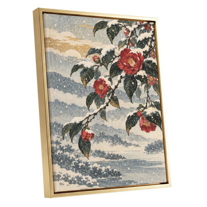 Crimson in the Snow, red, green, blue floral wall art shown as a gold framed canvas wall art