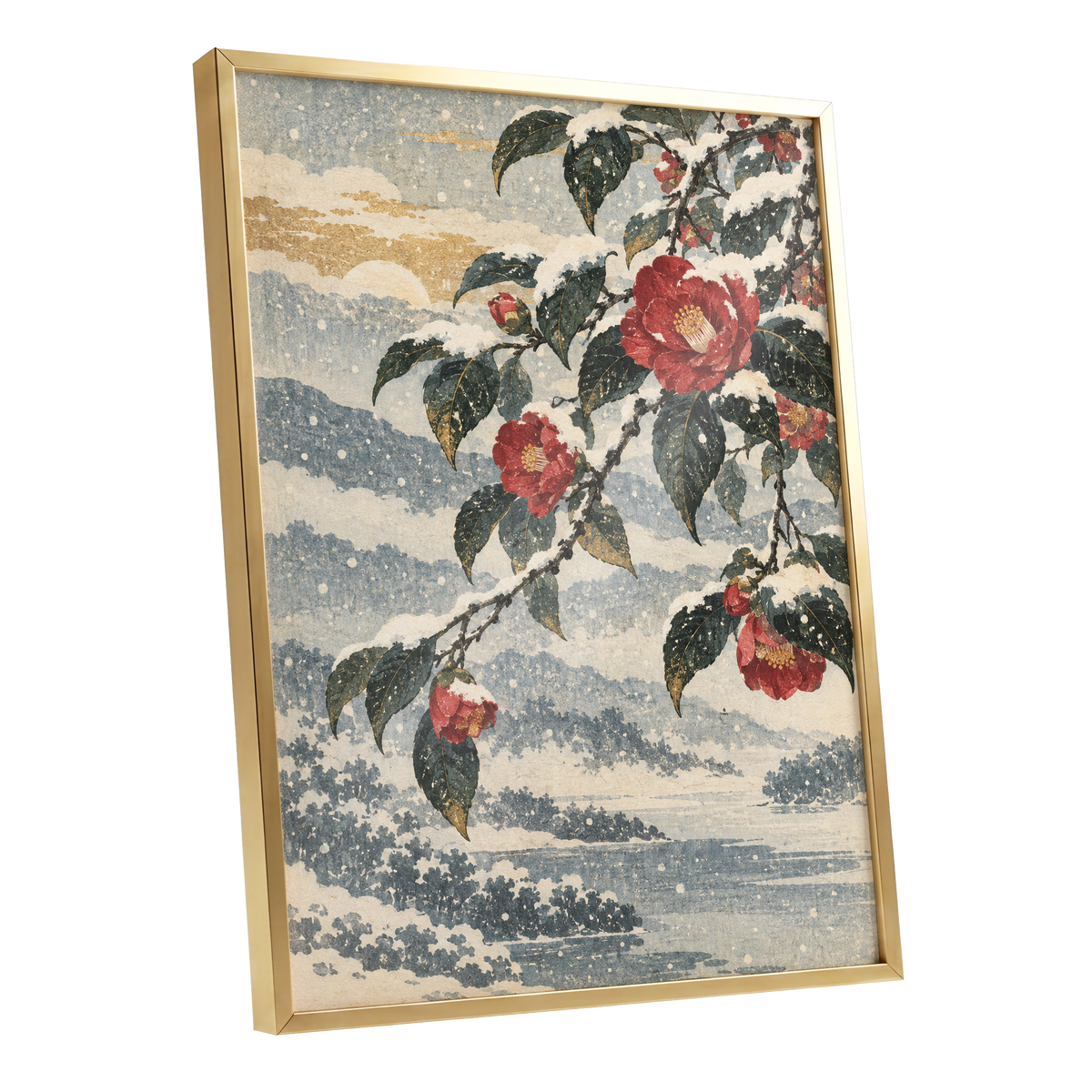 Crimson in the Snow, red, green, blue floral wall art shown as a gold framed poster wall art print