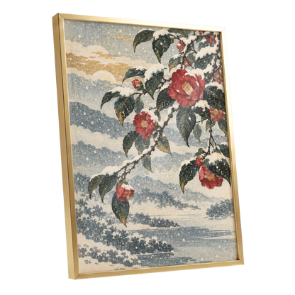 Crimson in the Snow, red, green, blue floral wall art shown as a gold framed poster wall art print