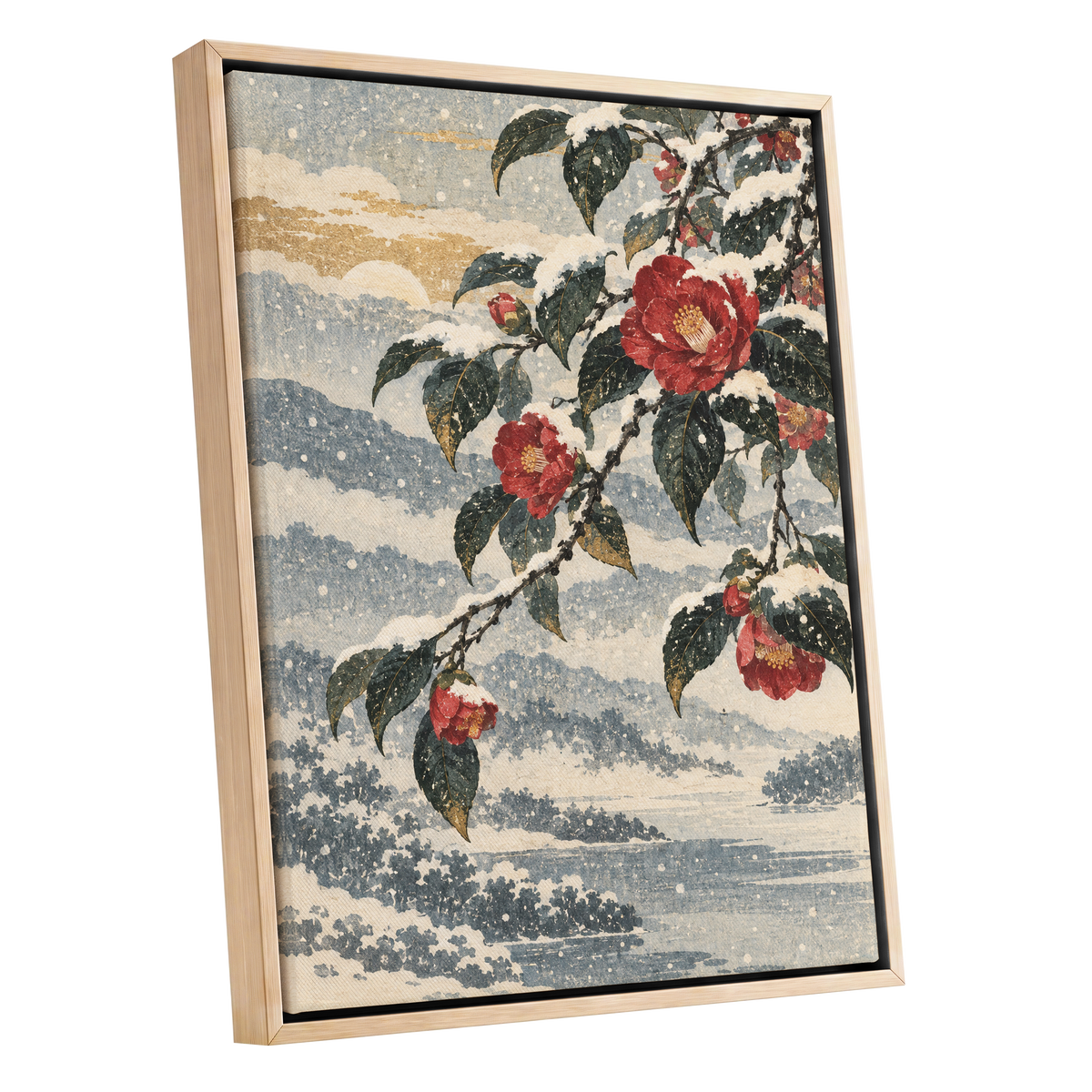 Crimson in the Snow, red, green, blue floral wall art shown as a oak framed canvas wall art