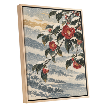 Crimson in the Snow, red, green, blue floral wall art shown as a oak framed canvas wall art