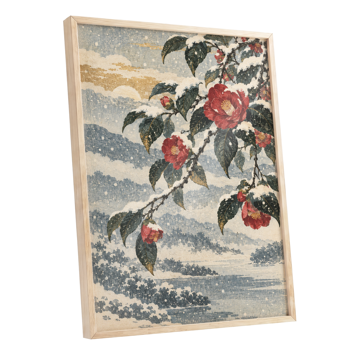 Crimson in the Snow, red, green, blue floral wall art shown as a oak framed poster wall art print