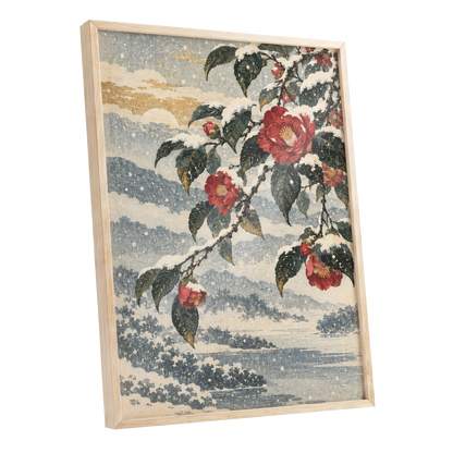 Crimson in the Snow, red, green, blue floral wall art shown as a oak framed poster wall art print