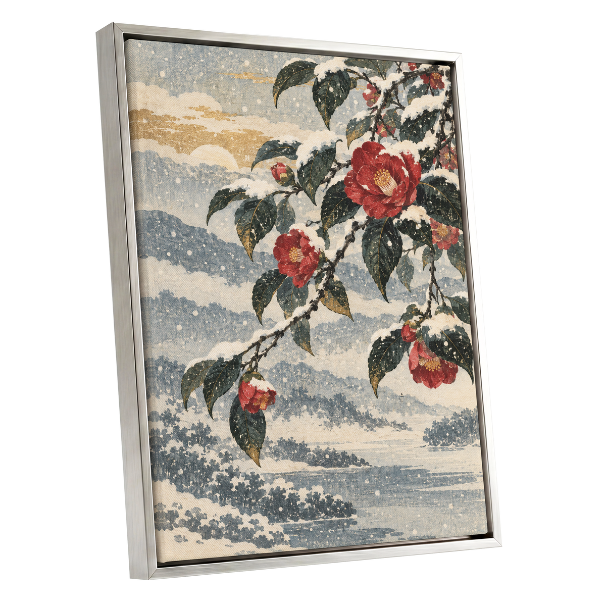 Crimson in the Snow, red, green, blue floral wall art shown as a silver framed canvas wall art