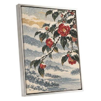 Crimson in the Snow, red, green, blue floral wall art shown as a silver framed canvas wall art