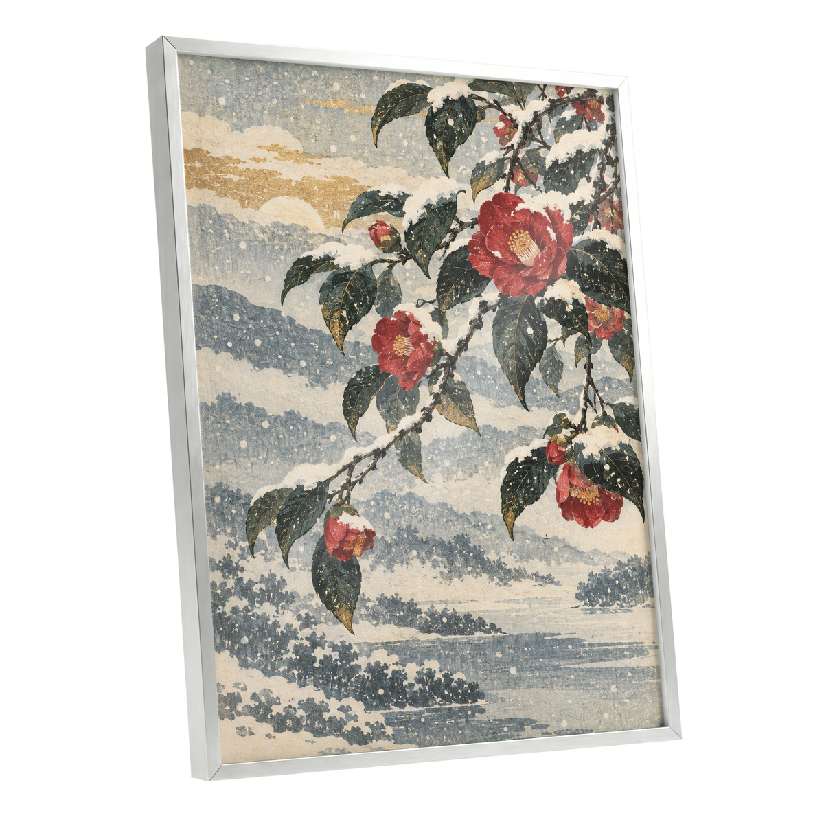 Crimson in the Snow, red, green, blue floral wall art shown as a silver framed poster wall art print