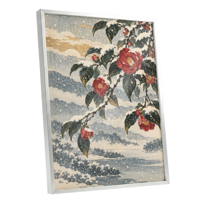 Crimson in the Snow, red, green, blue floral wall art shown as a silver framed poster wall art print