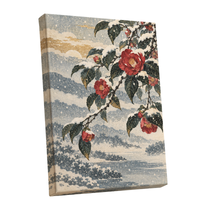 Crimson in the Snow, red, green, blue floral wall art shown as a stretched canvas wall art