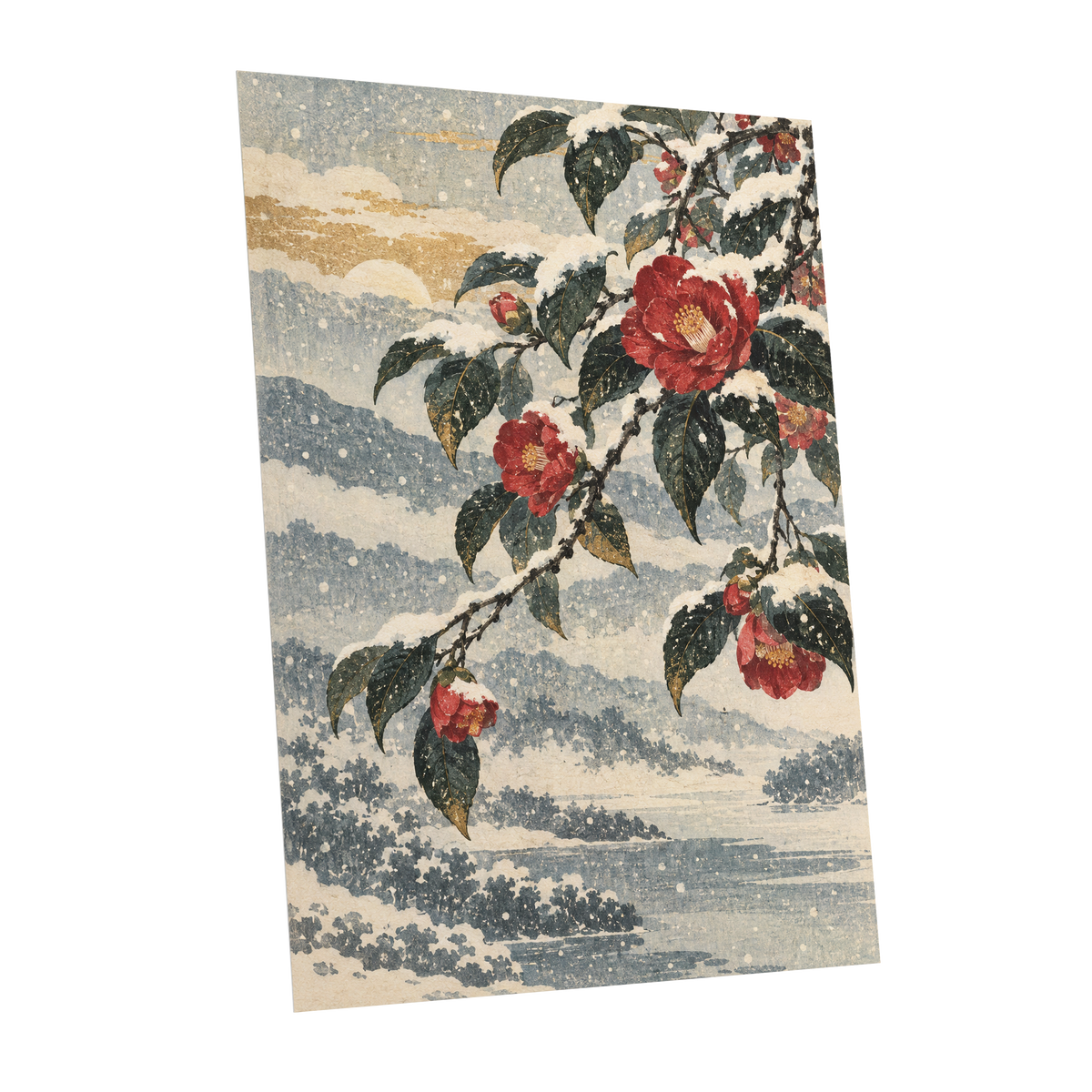 Crimson in the Snow, red, green, blue floral wall art shown as a unframed poster wall art print