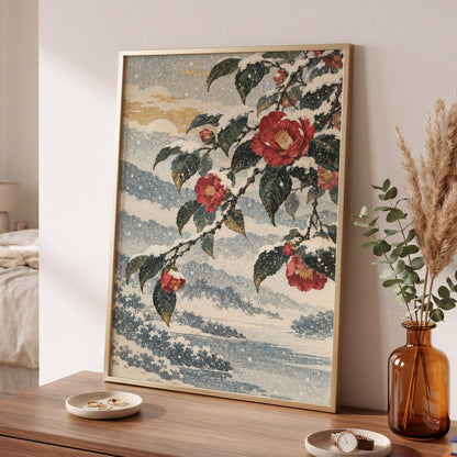 Crimson in the Snow, red, green, blue floral wall art displayed in a styled interior, gallery view 2