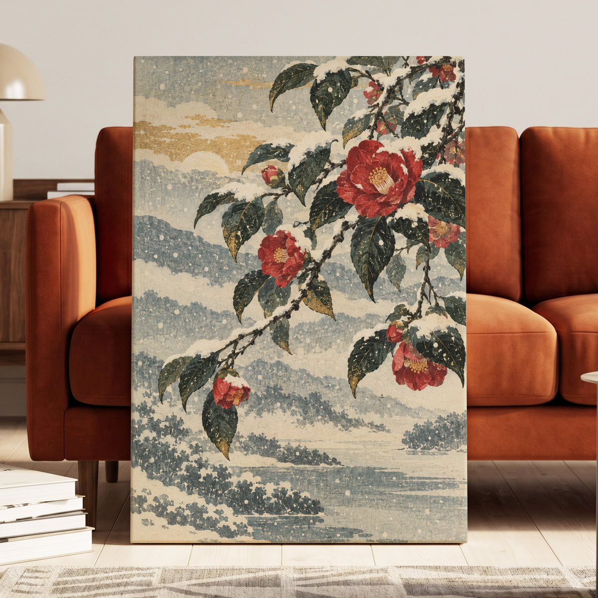 Crimson in the Snow, red, green, blue floral wall art displayed in a styled interior, gallery view 3