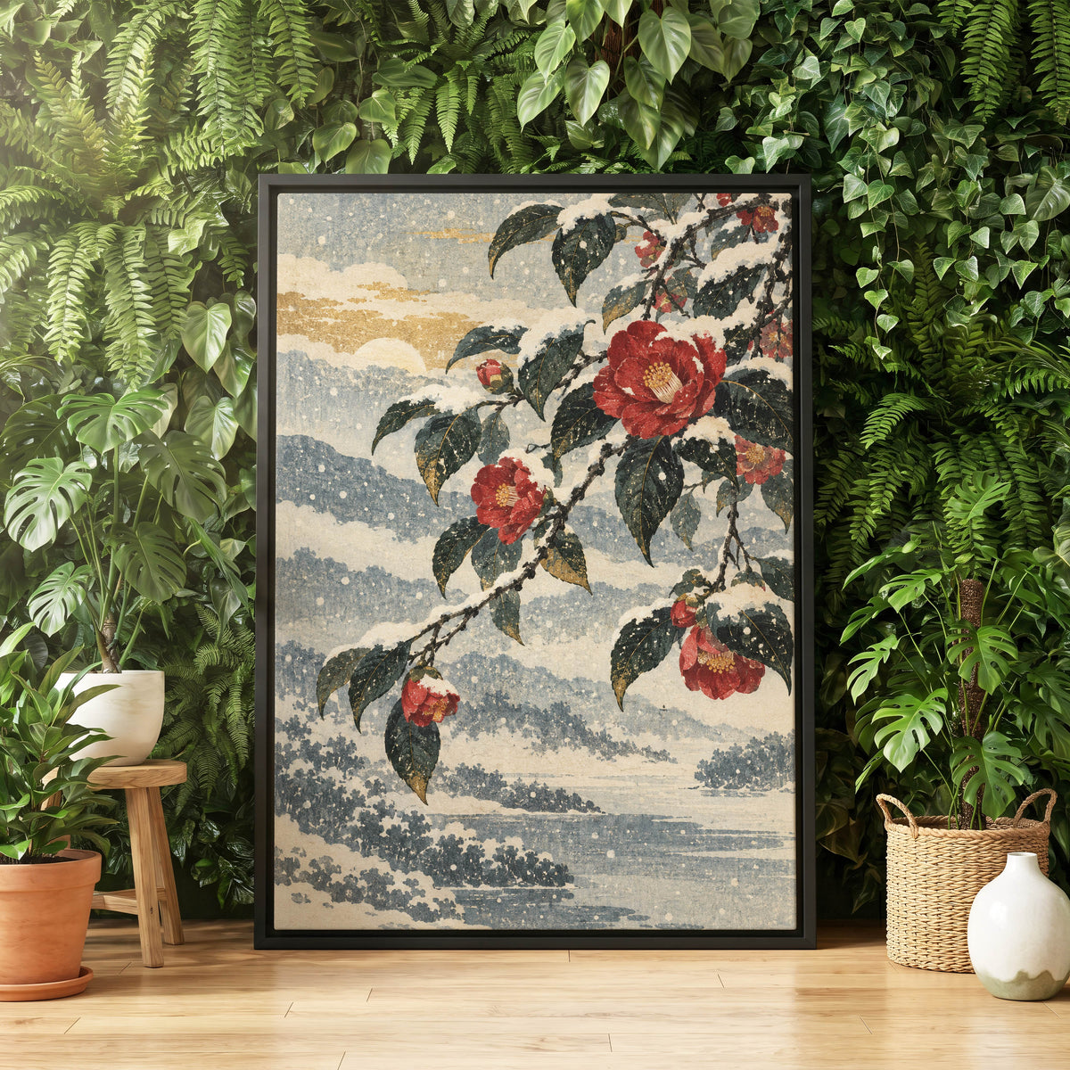 Crimson in the Snow, red, green, blue floral wall art displayed in a styled interior, gallery view 4