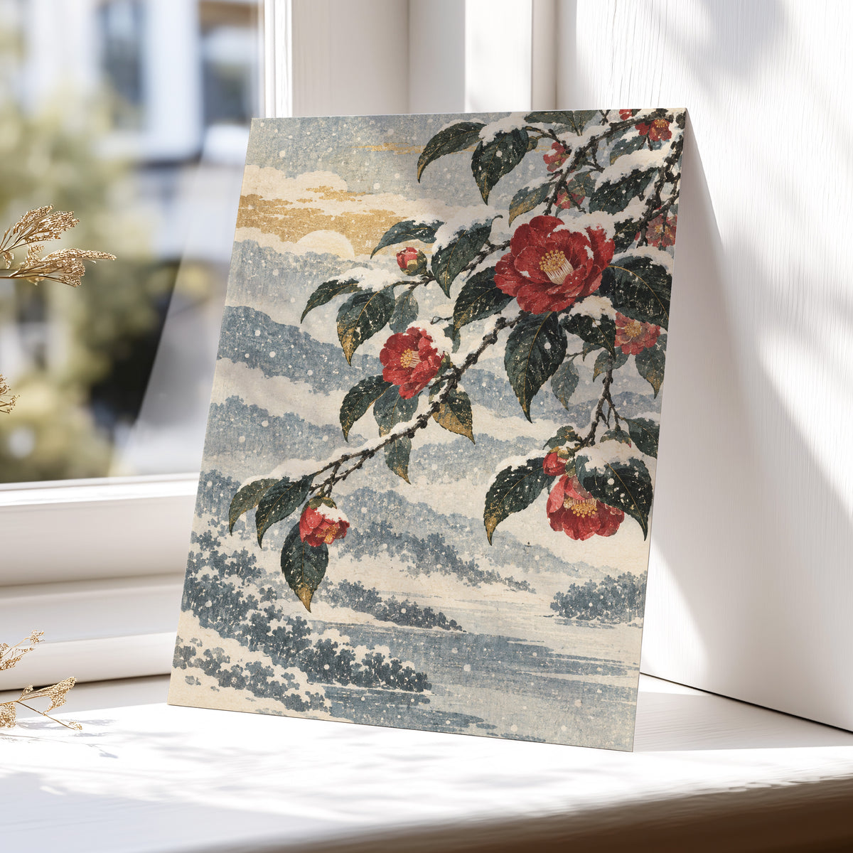 Crimson in the Snow, red, green, blue floral wall art displayed in a styled interior, gallery view 5