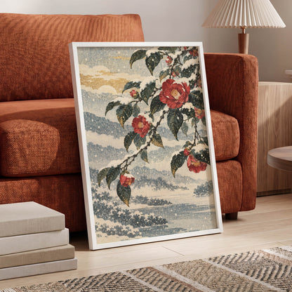 Crimson in the Snow, red, green, blue floral wall art displayed in a styled interior, gallery view 6