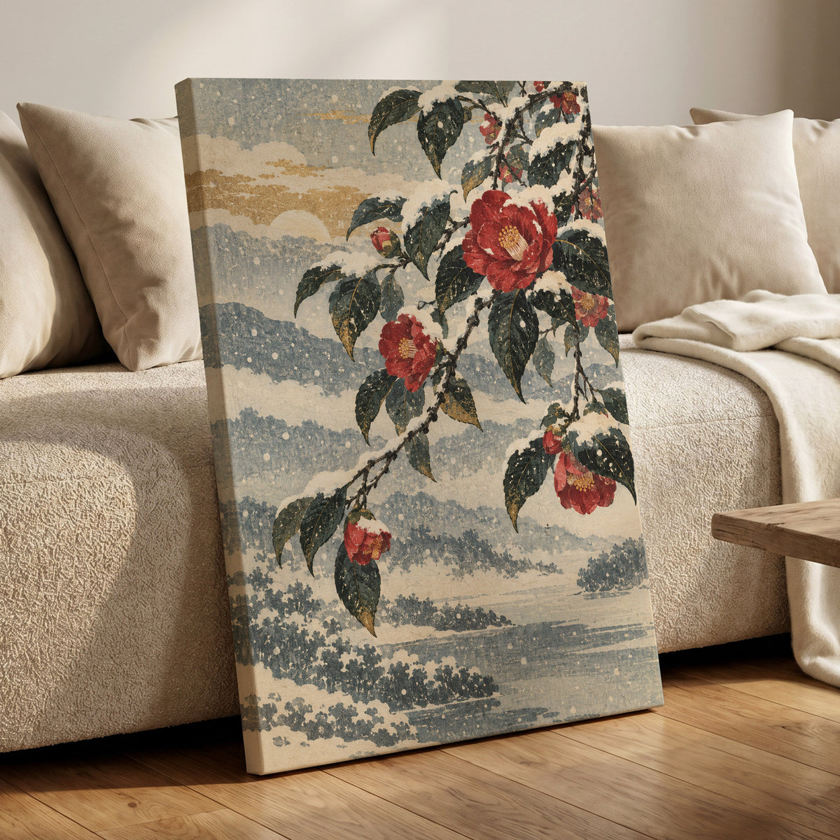 Crimson in the Snow, red, green, blue floral wall art displayed in a styled interior, gallery view 7