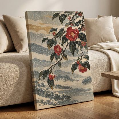 Crimson in the Snow, red, green, blue floral wall art displayed in a styled interior, gallery view 7
