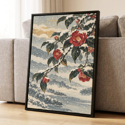 Crimson in the Snow, red, green, blue floral wall art displayed in a styled interior, gallery view 8