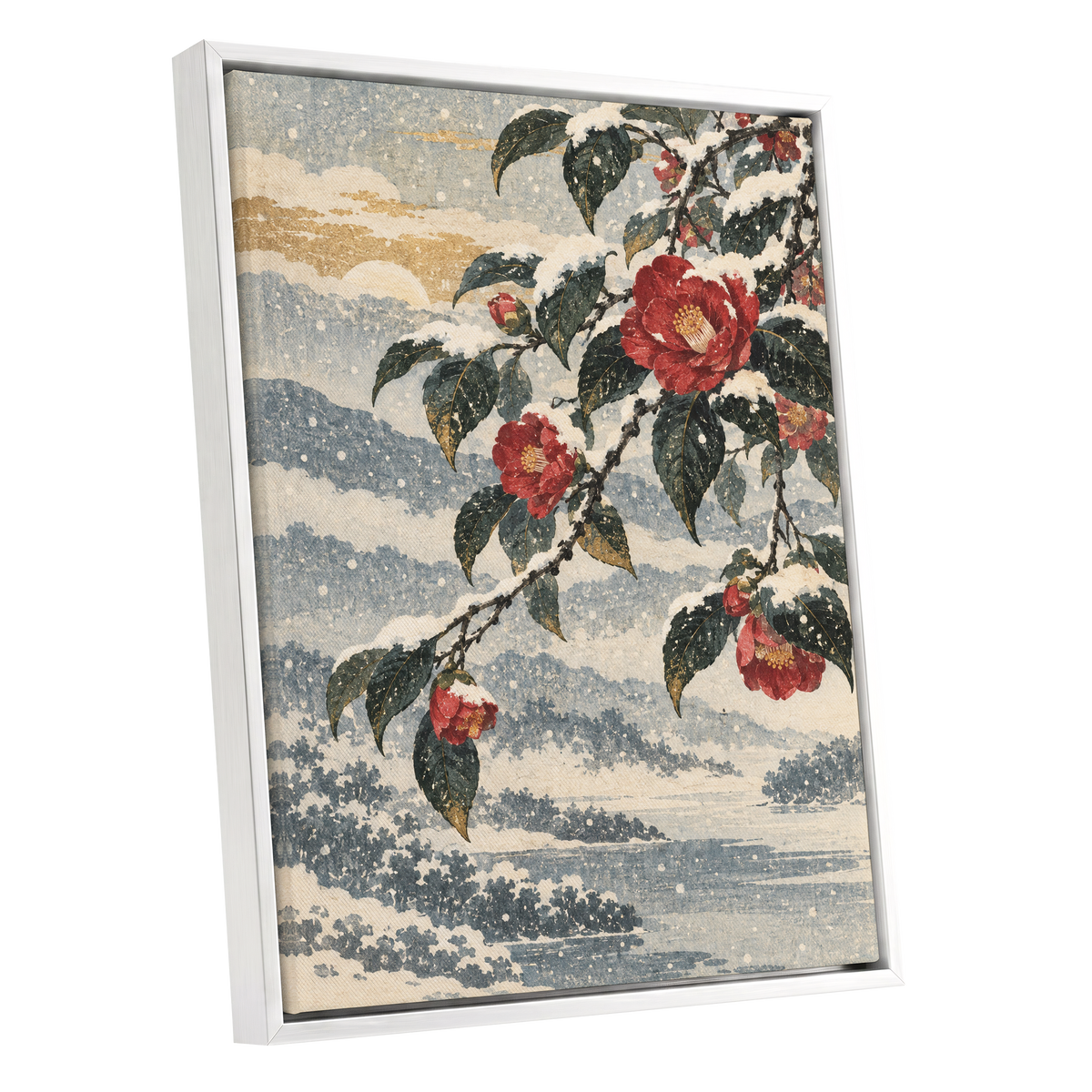 Crimson in the Snow, red, green, blue floral wall art shown as a white framed canvas wall art