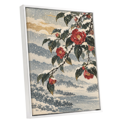 Crimson in the Snow, red, green, blue floral wall art shown as a white framed canvas wall art