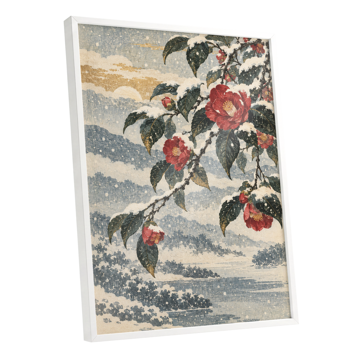 Crimson in the Snow, red, green, blue floral wall art shown as a white framed poster wall art print