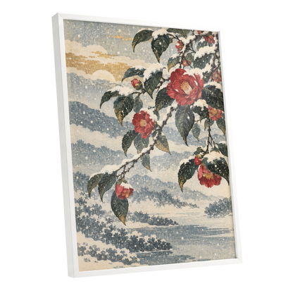 Crimson in the Snow, red, green, blue floral wall art shown as a white framed poster wall art print
