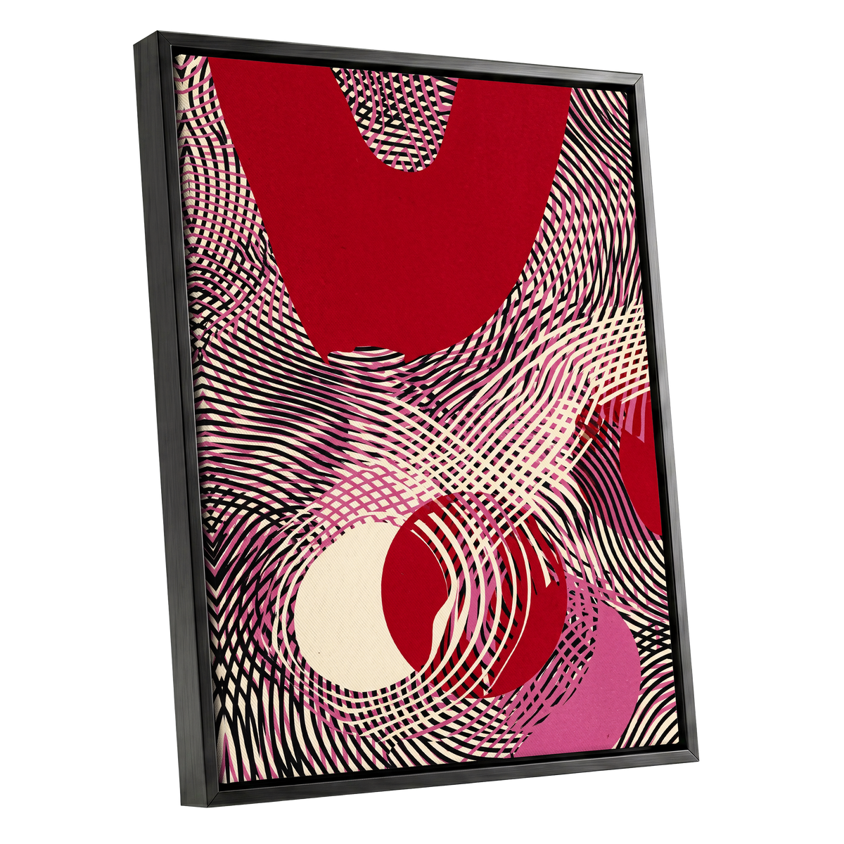Crimson Interference, red, black, pink abstract wall art shown as a black framed canvas wall art