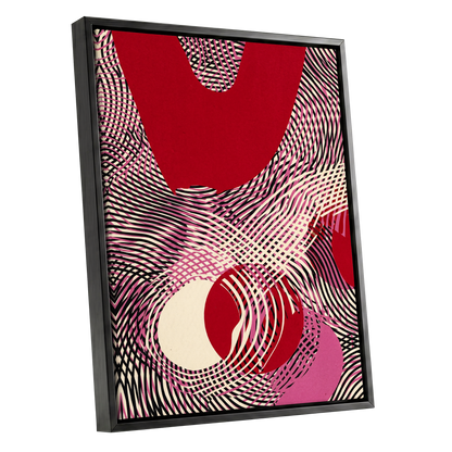 Crimson Interference, red, black, pink abstract wall art shown as a black framed canvas wall art