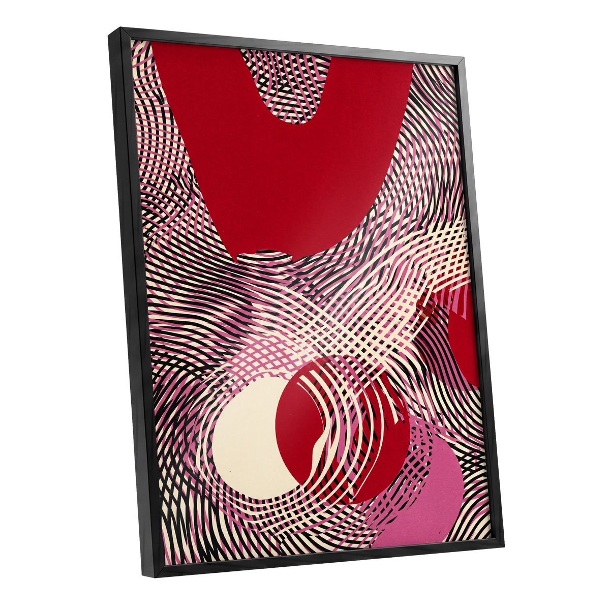 Crimson Interference, red, black, pink abstract wall art shown as a black framed poster wall art print